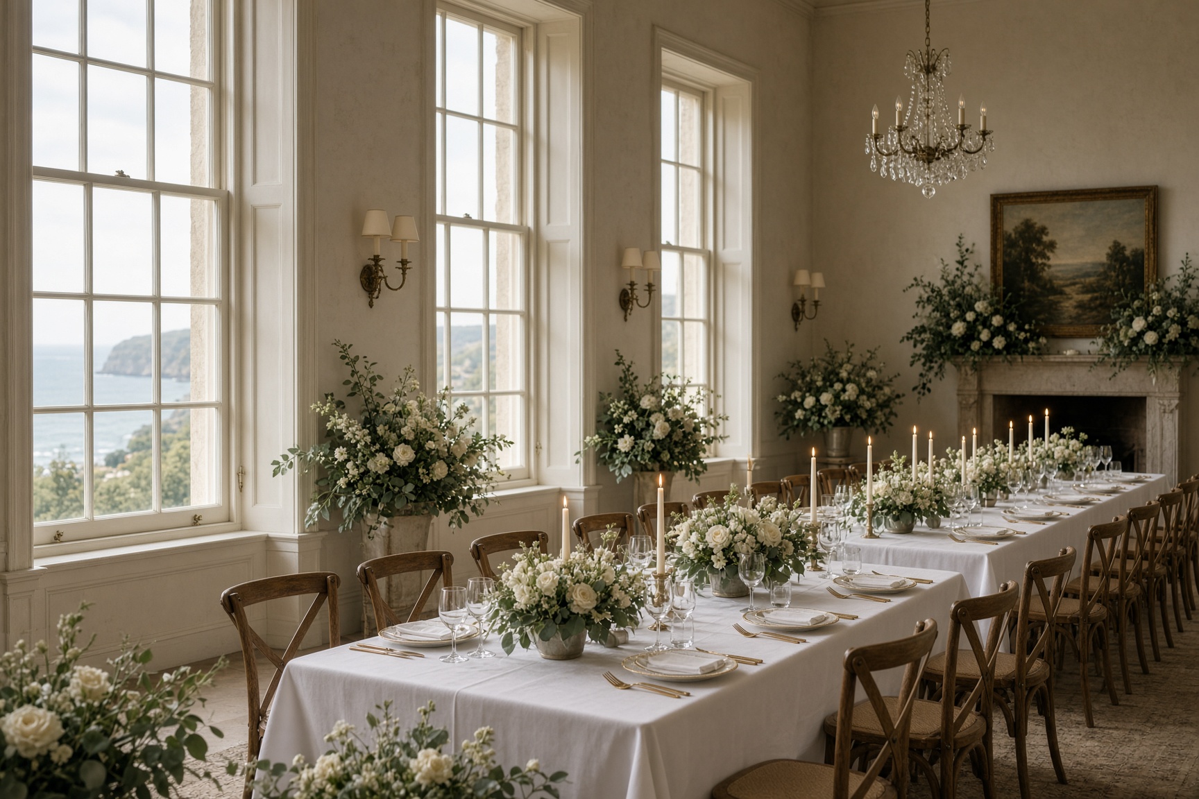 The licensed hall with sash windows, laid for a wedding breakfast
