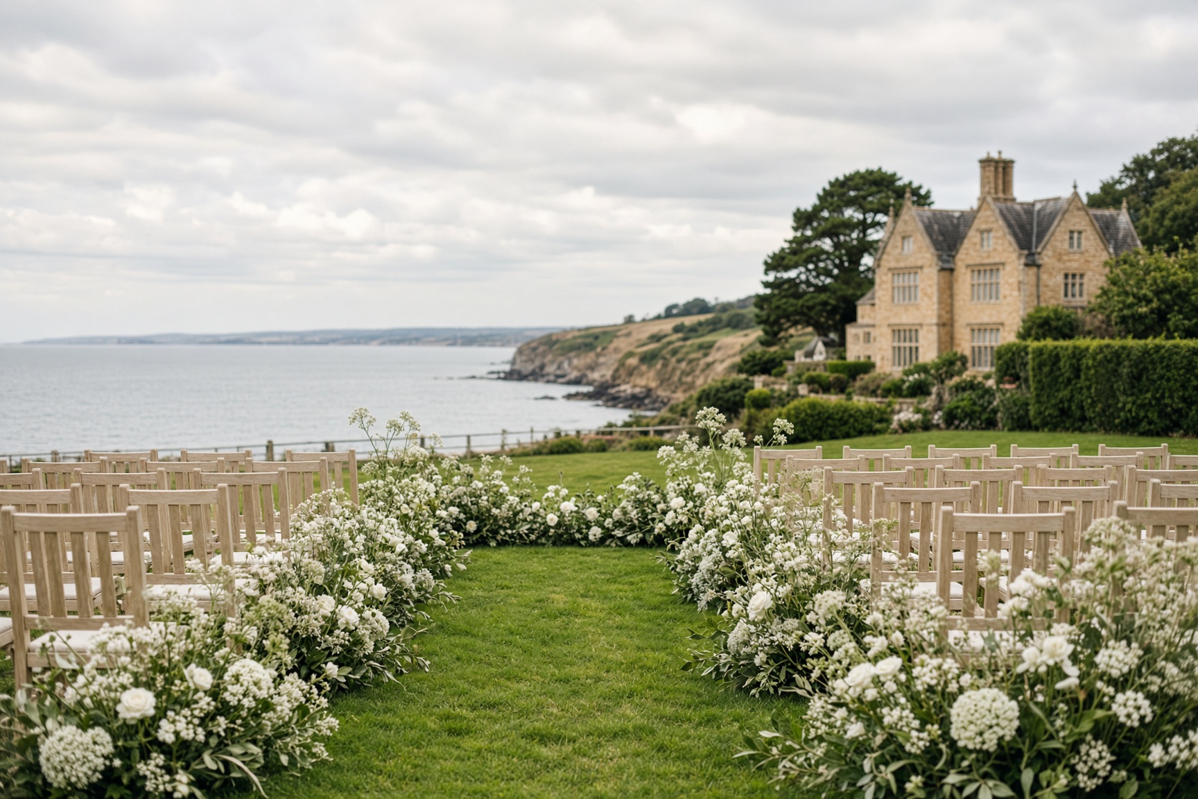 The south-facing lawn at Pearl Bay, set for a ceremony above the bay