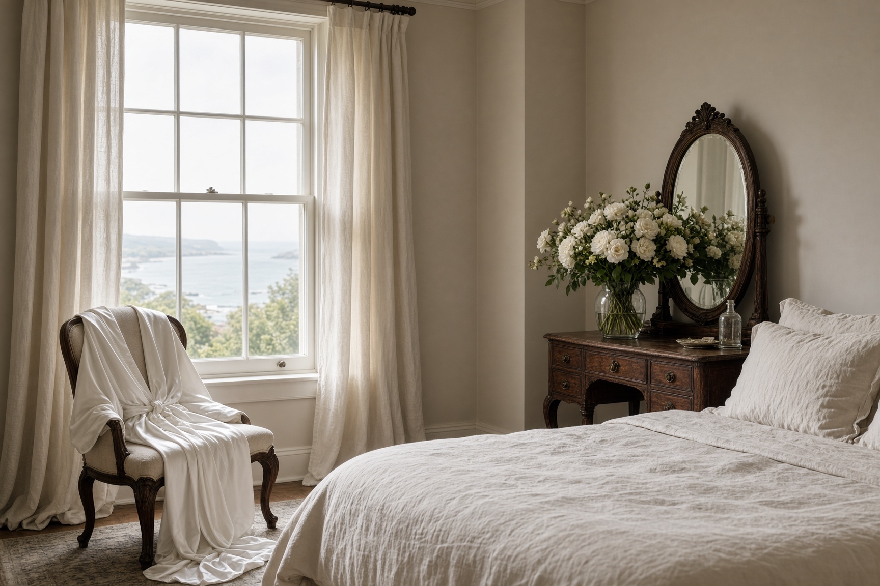 The bridal suite at the front of the house, with a view of the water