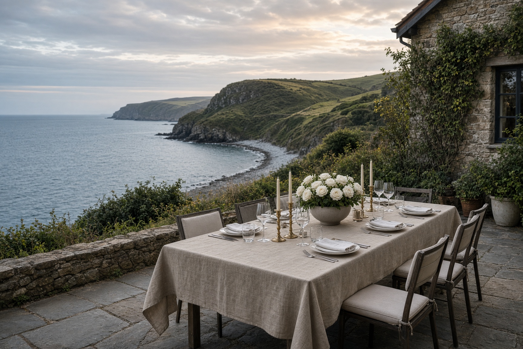 The stone terrace at Pearl Bay looking out over the bay